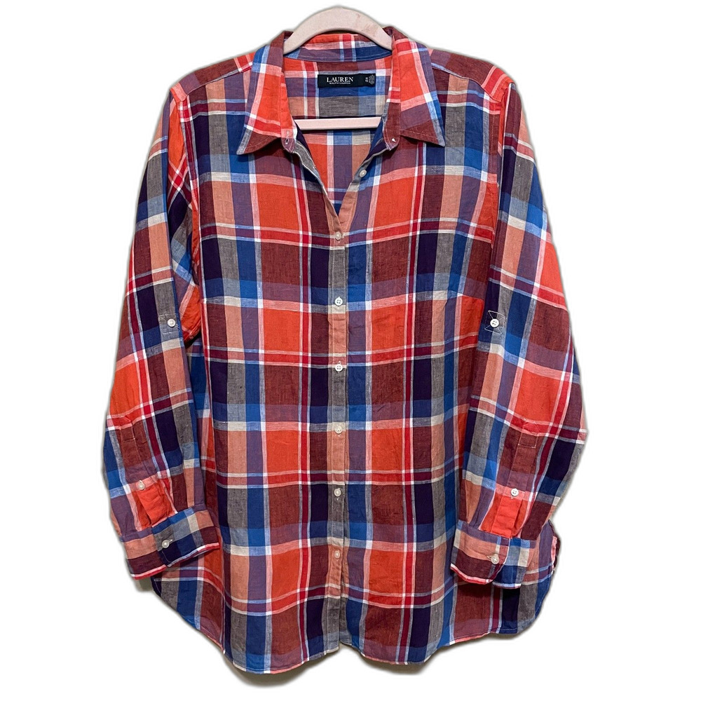 Lauren Ralph Lauren 100% Linen Multicolor Plaid Button Up Shirt Womens 1X